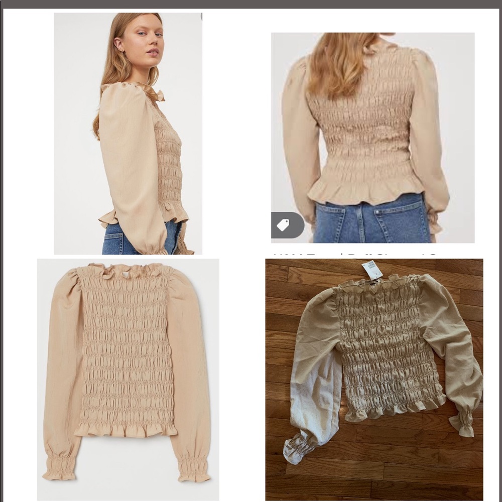 New w/ tags H&M tan smocked puff sleeve top xs